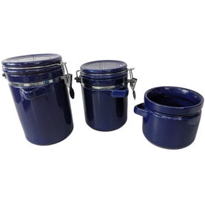 Vintage Set of 3 Stoneware Cobalt Blue Coffee & Tea Canisters w/Silver Hardware