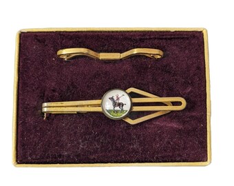 Vintage Men’s Bronze Tie Clip Horse Polo Playing Gold 2" Anson Jeweler In Box