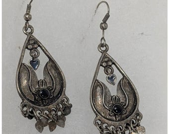 Vintage Teardrop Chandelier Dangle Earring Heart Charms Black Enamel Boho Hippie