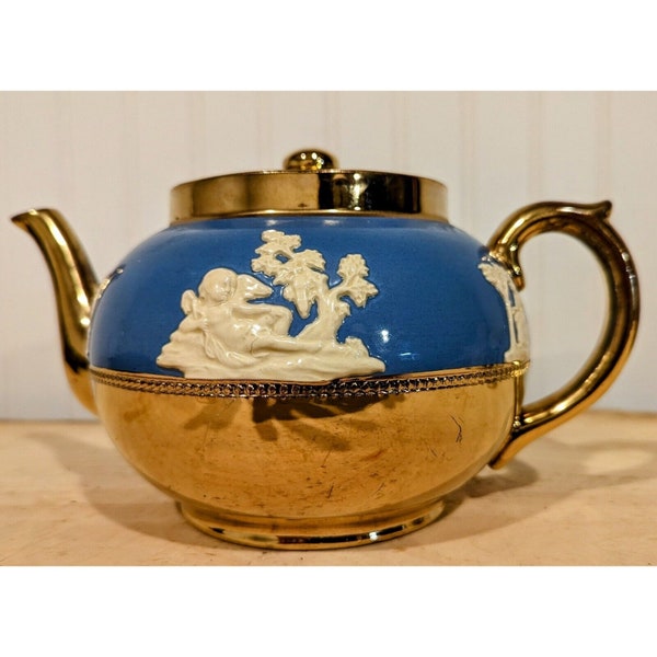 Vintage Gibsons Staffordshire England Teapot Blue and Gold Cameo 30oz