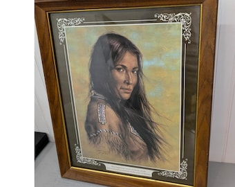 Vtg Bill Hampton Indian Princess Tile Print Native American Art Wall Hang 18x22
