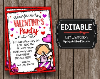 May include: Editable Valentine's Day party invitation template featuring a cartoon girl holding a heart-shaped balloon and a box of chocolates. The invitation includes the text "Please join us for a Valentine's Party" and details for the party, including the date, time, location, and RSVP information. The text "DIY Invitation Using Adobe Reader" is also included.