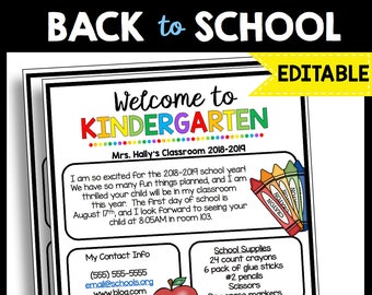 Welcome to Kindergarten - Editable Newsletter - Back to School - Meet the Teacher - Open House - Invitation - Classroom Teacher