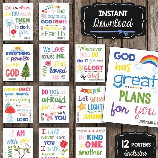 Scripture Posters BUNDLE - Kids Bible Verses - Printable Wall Art - Sunday school Decor - Children's Church - Christian printables