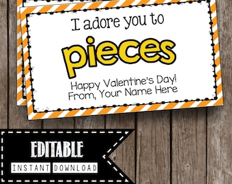 Adore you to Pieces - Valentine's Day Card - Printable Kids - School Class Party - Chocolate - Candy Bar - Editable INSTANT DOWNLOAD PDF