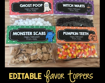 Halloween Party Favor Tags EDITABLE Pumpkin - Witch - Monster - Ghost - Treat Toppers - Baggie Labels - Instant Download PDF