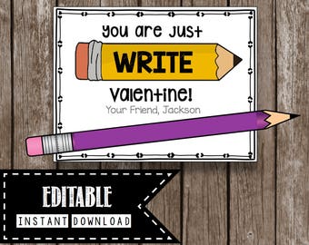 Just Write Valentine - Editable - Instant Download - Pencil - Kids Valentines Cards - Class Party - Teacher - Candy Alternative