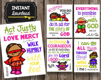 Superhéroe Niños Carteles de las Escrituras - Archivos JPG y PDF imprimibles - Descarga instantánea - Decoración de la escuela dominical - Arte de pared cristiana - GIRL