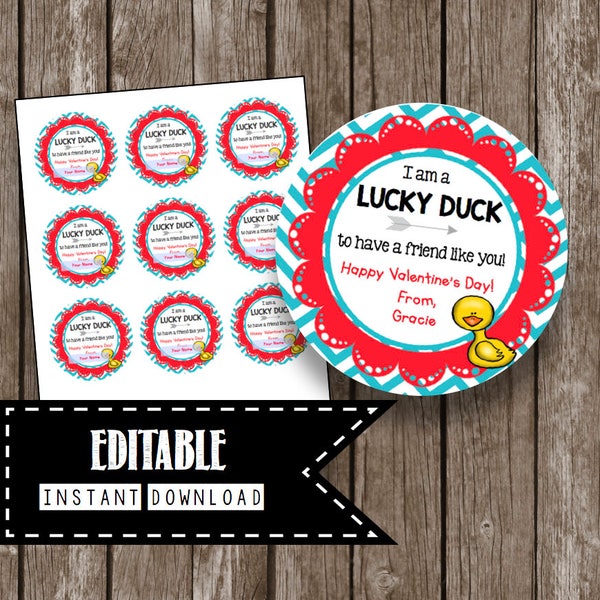 Lucky Duck - Valentine - Card - Valentine's Day - Printable - Party Favor - Duckie - PDF - Teal - Editable - INSTANT DOWNLOAD