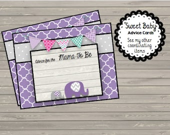 50% OFF SALE Advice Cards for Mama to Be {Instant Download} Baby Shower - Purple Elephants- Grey Chevron - Printable PDF