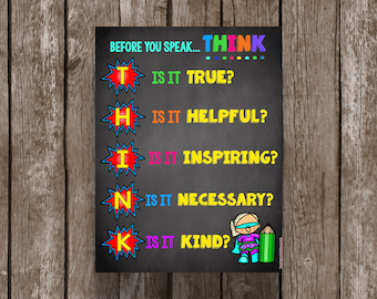 Superhero THINK Poster - Classroom Decor - Playroom - Kids Wall Art - Printable - Instant Download - Chalkboard - Rules