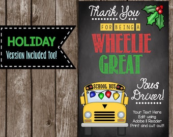 Bus Driver Card - EDITABLE - Printable DIY Thank You Tag - Merry Christmas - Happy Holidays - Teacher Appreciation - Chalkboard PDF