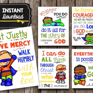May include: Eight colorful printable cards with superhero illustrations and inspirational quotes from the Bible. The cards feature phrases like "Act Justly, Love Mercy, Walk Humbly with Your God" and "Everything is Possible with God".