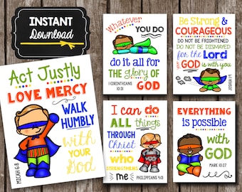 Superhéroe Niños Carteles de las Escrituras - Archivos JPG y PDF imprimibles - Descarga instantánea - Decoración de la escuela dominical - Arte de pared cristiana - Impresión infantil