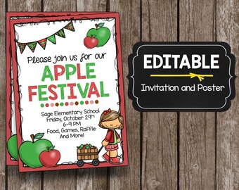 Apple Festival Invitation - EDITABLE - Harvest Celebration - School - Church Poster - Kids Party - Printable DIY Instant Download