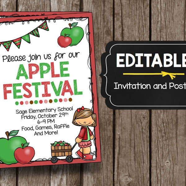 Apple Festival Invitation - EDITABLE - Harvest Celebration - School - Church Poster - Kids Party - Printable DIY Instant Download