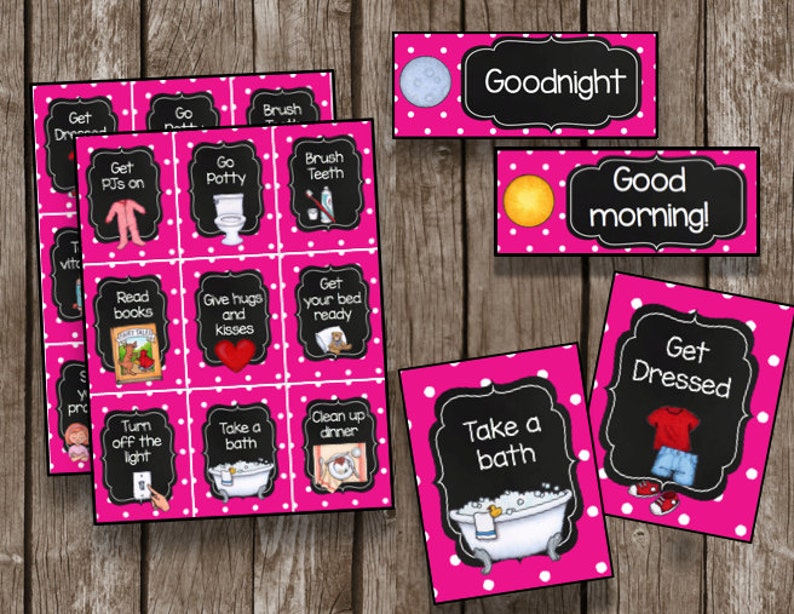 May include: Pink and white polka dot cards with black borders and white text. The cards have various activities for children, such as "Get Dressed", "Take a Bath", "Turn off the Light", "Read Books", "Give Hugs and Kisses", "Clean up Dinner", "Get your Bed Ready", "Go Potty", "Brush Teeth", and "Get PJs on".