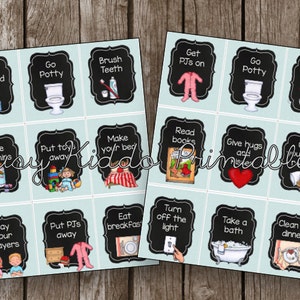 May include: A set of 12 printable cards with black chalkboard backgrounds and blue borders. Each card features a different activity for children, such as getting dressed, brushing teeth, reading books, and taking a bath. The cards are designed to help children learn about daily routines and responsibilities.