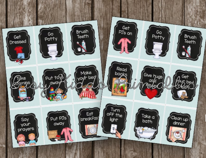 May include: A set of 12 printable cards with black chalkboard backgrounds and blue borders. Each card features a different activity for children, such as getting dressed, brushing teeth, reading books, and taking a bath. The cards are designed to help children learn about daily routines and responsibilities.