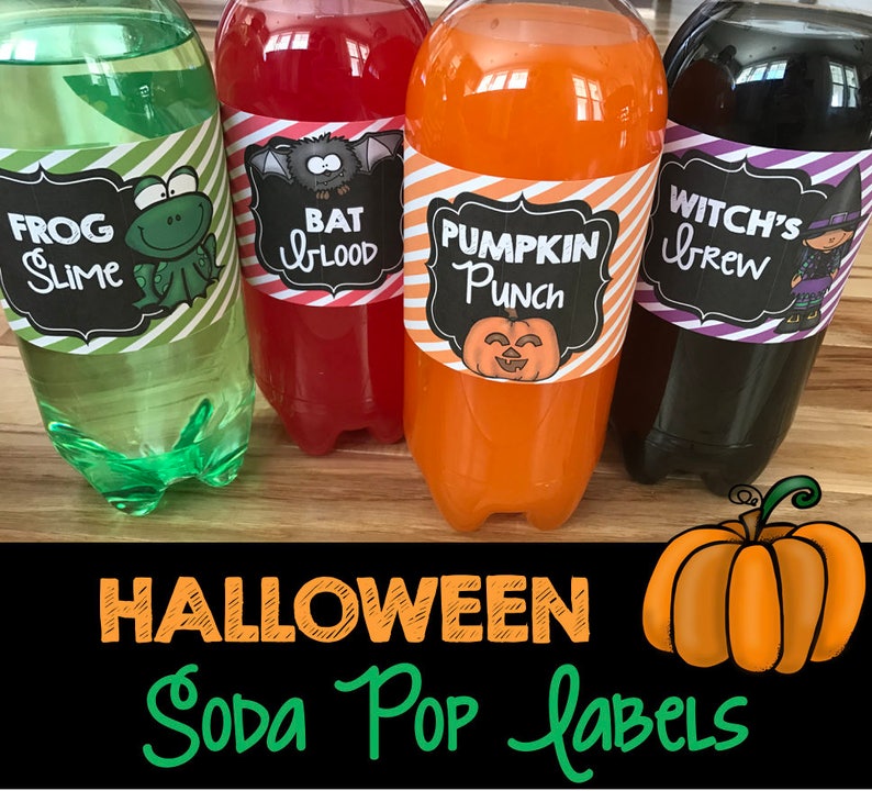 Halloween Soda Pop Labels 2 liter Wrappers Witches Pumpkin Bats Decor Decorations Banners image 1