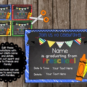 May include: A blue and black chalkboard style invitation with colorful bunting and crayons. The text reads "Join us to celebrate! Name is graduating from Preschool. Date & Time: Your Text Here. Details: Your Text Here."