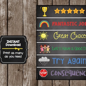 May include: A printable classroom chart with a chalkboard background. The chart has six rows with different colored icons and text. The text includes "Fantastic Job!", "Great Choices", "Let's Have a Good Day!", "Try Again", and "Consequence".