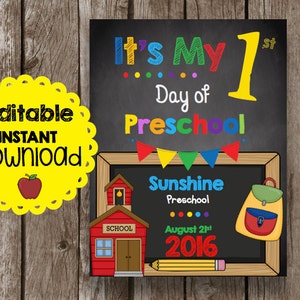 50% OFF SALE First Day of PRESCHOOL - Editable - Instant Download - Teacher - Classroom - Printable - Chalkboard