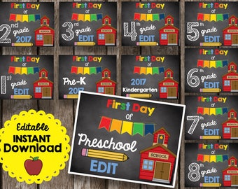 50% OFF SALE First Day of School Sign - Chalkboard Poster - All Grades - Printable PDF - Editable - Instant Download - Preschool - PreK