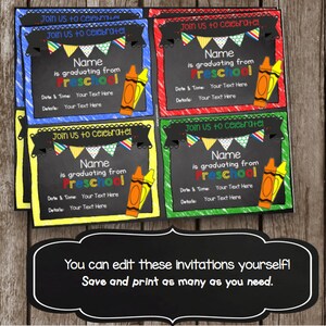 May include: Four printable graduation invitations for preschool. Each invitation features a chalkboard background with colorful crayons and the text "Join us to celebrate!" and "Name is graduating from Preschool".