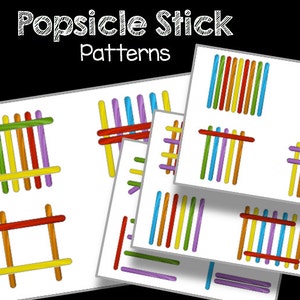 Może przedstawiać: Zestaw pięciu kart z różnymi wzorami wykonanymi z kolorowych patyczków do lodów. Karty są zatytułowane "Popsicle Stick Patterns".