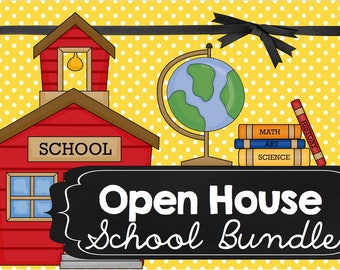 May include: A red schoolhouse with a bell tower, a globe, and a stack of books labeled "Math", "Art", and "Science". The text "Open House School Bundle" is written on a black chalkboard.