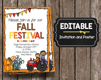 Pode incluir: Convite e cartaz editável para um Festival de Outono na escola primária Sage. O cartaz apresenta um trator com crianças nele, abóboras, milho e uma faixa com cores outonais. O texto diz "Por favor, junte-se a nós para o nosso Festival de Outono, sexta-feira, 29 de outubro, 18h-21h, comida, jogos, rifa e muito mais!"