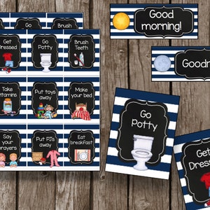 50 % de réduction sur les cartes de routine de vente {Téléchargement immédiat} Matin et nuit - Bleu blanc - Cartes de tâche de corvée - PDF imprimable
