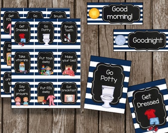 50% OFF SALE Routine Cards {Instant Download} Morning & Night Time - Blue White - Chore Task Cards - Printable PDF