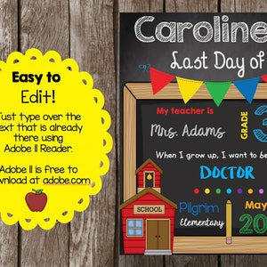 Puede incluir: Una pizarra negra con marco de madera, decorada con banderas de colores. La pizarra dice "Caroline's Last Day of Grade 3". Tambi&eacute;n dice "My teacher is Mrs. Adams" y "When I grow up, I want to be a... DOCTOR". La pizarra tambi&eacute;n incluye una ilustraci&oacute;n de una escuela roja, el texto "Pilgrim Elementary" y la fecha "May 15, 2017".