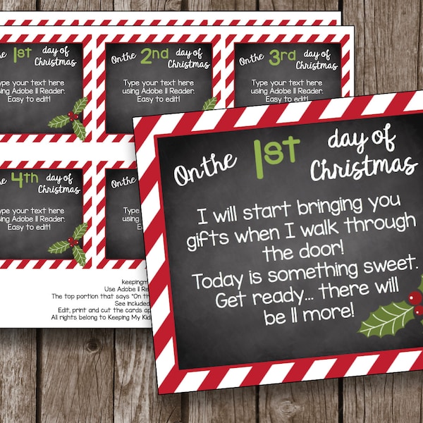 12 Days of Christmas EDITABLE Cards - 12 Days of Christmas Gift Tags - DIY - Printable Instant Download PDF - Teacher - Kids - Gifts