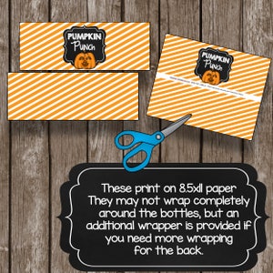 May include: Printable labels for pumpkin punch. The labels feature an orange and white striped background with a black chalkboard style pumpkin graphic and the text "Pumpkin Punch".
