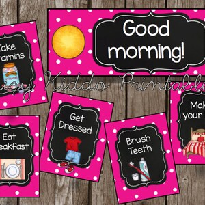 May include: A set of eight printable cards with pink polka dot backgrounds and black chalkboard frames. The cards feature illustrations and text related to morning routines, such as "Take vitamins", "Get dressed", "Eat breakfast", "Brush teeth", "Make your bed", and "Good morning!"