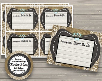 50% OFF SALE Bridal Shower Advice Cards {INSTANT Download} Printable - Vintage - Games - Activities - Shabby Chic - Burlap Lace