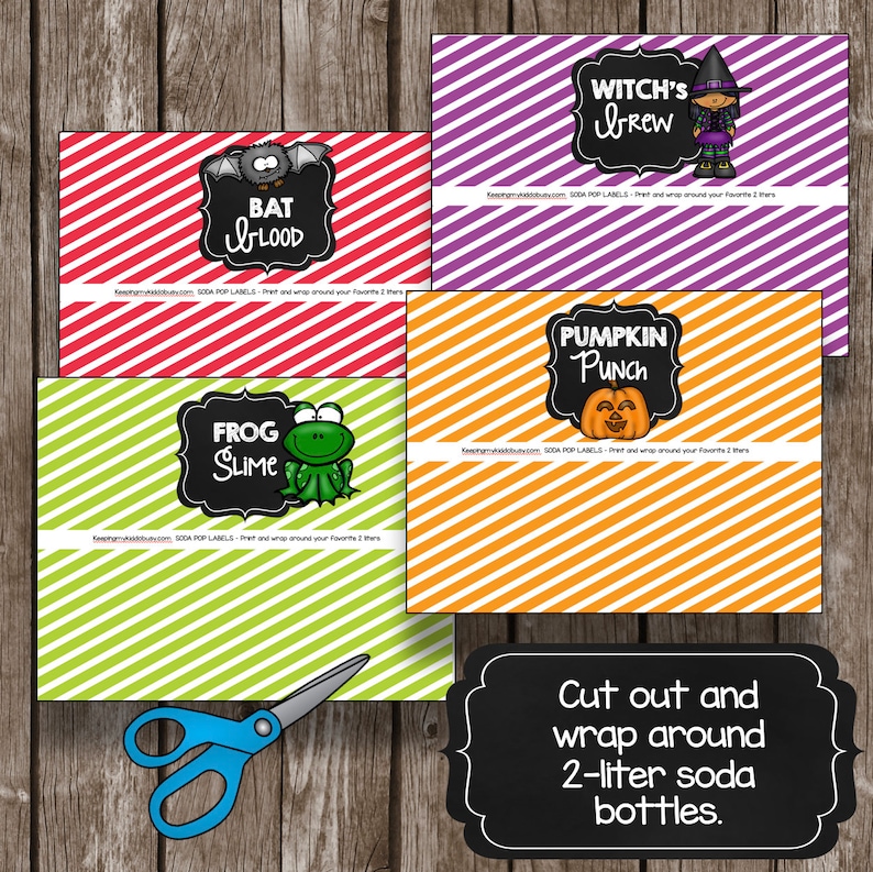 May include: Four printable Halloween-themed soda bottle labels. The labels feature a witch, a pumpkin, a frog, and a bat. The labels are designed to be cut out and wrapped around 2-liter soda bottles. The text on the labels reads "Witch's Brew", "Pumpkin Punch", "Frog Slime", and "Bat Blood".