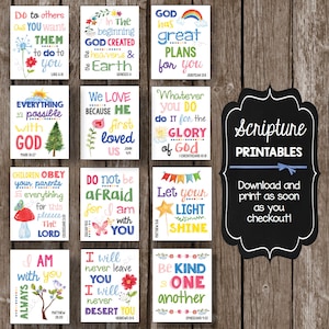 May include: A set of 12 printable scripture cards with colorful illustrations and inspirational quotes. The cards feature a variety of themes, including love, hope, faith, and kindness. The cards are perfect for decorating a home, classroom, or office.
