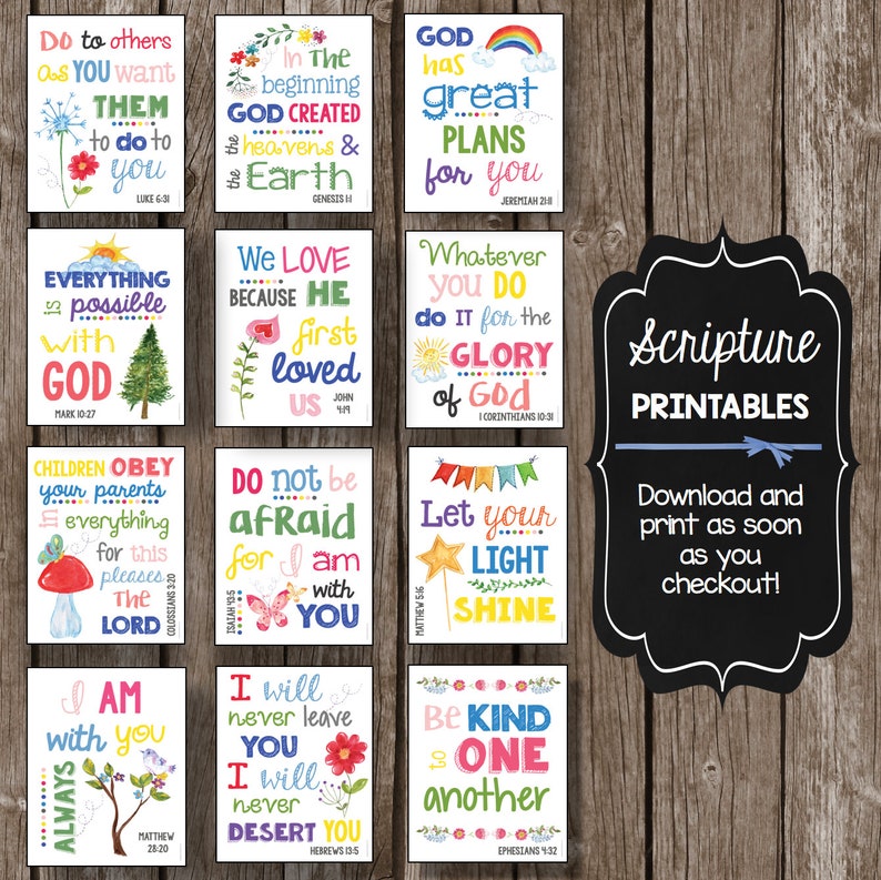 May include: A set of 12 printable scripture cards with colorful illustrations and inspirational quotes. The cards feature a variety of themes, including love, hope, faith, and kindness. The cards are perfect for decorating a home, classroom, or office.