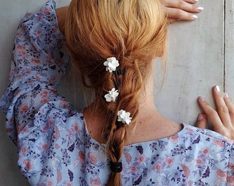 White hydrangea hair pins, white flowers hair pins