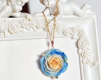 Blue Rose Necklace , Rose flower jewelry