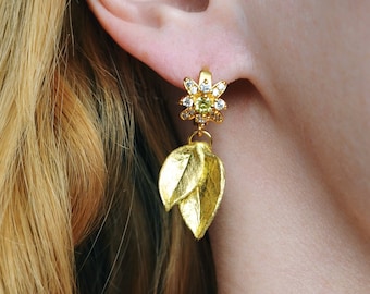 Boucles d'oreilles feuille d'or, finition or 23 carats, boucles d'oreilles pendantes feuille
