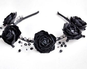 black flower crown,black roses headband