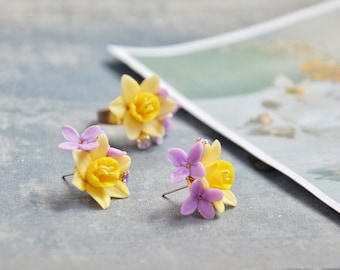 Daffodil Beauty, Jewelry Set, Ring, Stud Earrings
