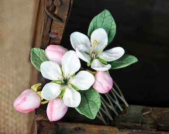 Realistic flowers hair comb, rustic wedding hair comb, clay flower hair comb