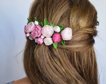 Peigne à cheveux blush pivoine rose