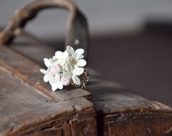 White lilac ring,  white flowers jewelry